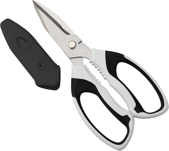 BoFuYuan 8-Inch Utility Scissors All Purpose Heavy Duty, Serrated Blade, White Comfort Grip for Cutting Carpet, Cardboard, Leather, Fabric, Multipurpose Sharp Shears for Kitchen, Garden, Office, Carft
