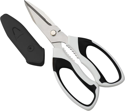 BoFuYuan 8-Inch Utility Scissors All Purpose Heavy Duty, Serrated Blade, White Comfort Grip for Cutting Carpet, Cardboard, Leather, Fabric, Multipurpose Sharp Shears for Kitchen, Garden, Office, Carft