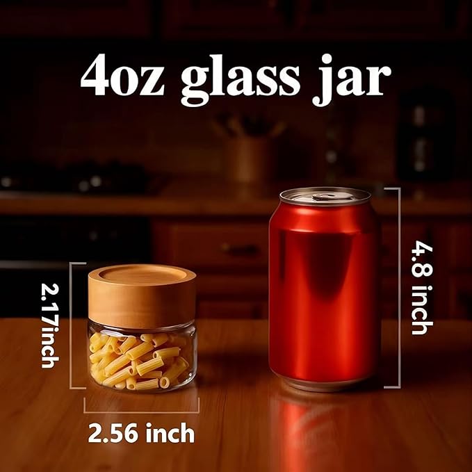 2-Pack 4 oz Leakproof Mason Jars with Airtight Acacia Wood Lids - Small Glass Food Storage Containers for Overnight Oats, Spices, Snacks, Kitchen Pantry Organization