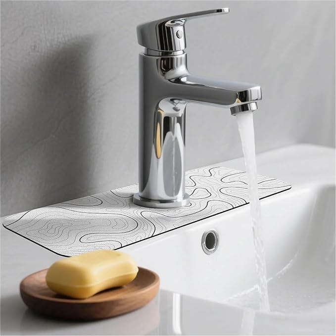 Kitchen Sink Splash Guard，White line terrain Faucet Mat Sink Gadgets-Super Absorbent Fast Drying Mat Drip Catcher for Kitchen, Bathroom,Sink Mat, Dish Drying Mat, Bathroom(15" X 5.5" )