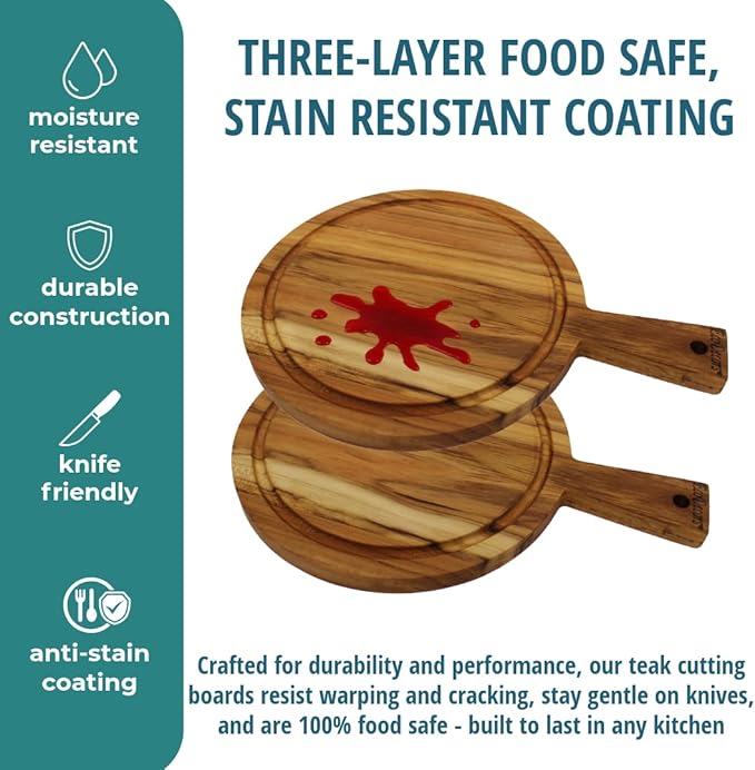 EcoDecors 14" Round Teak Cutting Board with Handle, FSC Certified Solid Wood, Edge Grain with Juice Groove, Carving Board for Kitchen & Prep