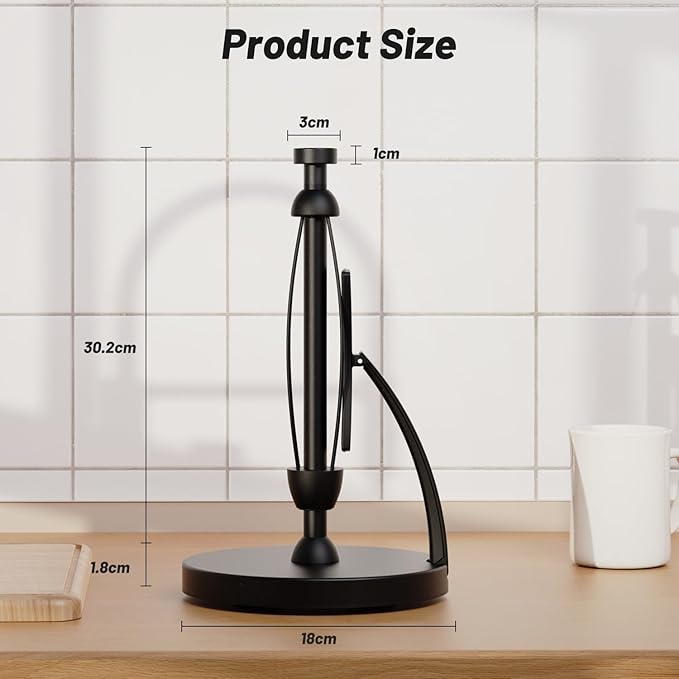 VEHHE Paper Towel Holder Countertop, Black Paper Towel Holder with Spring Activated Arm and Damping Effect, Simply Tear Paper Towel Stand for Bathroom and Kitchen (Black)