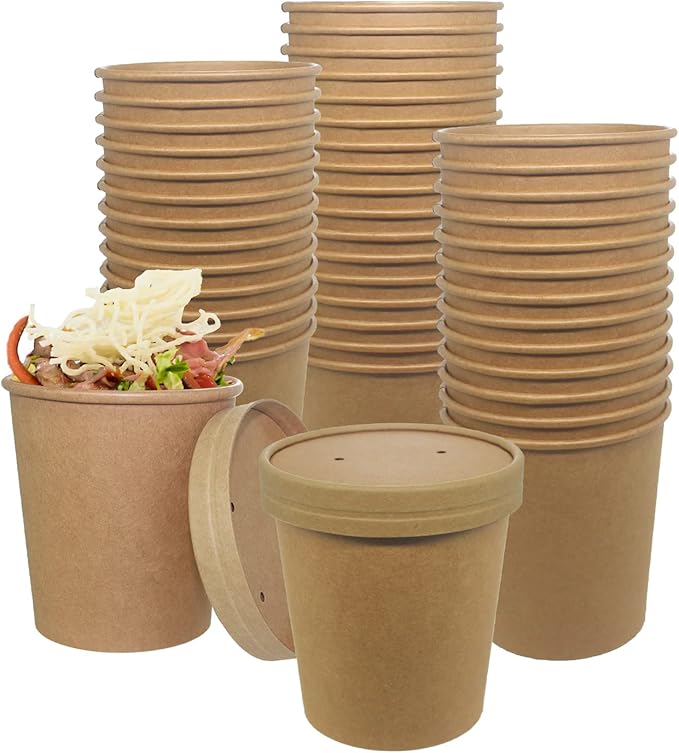 Belinlen 50 SET 16OZ Kraft Dessert Cups with Lids Compostable Paper Food Cup with Vented Lid, Pint Frozen Dessert Containers Ice Cream Cups with Lids, Great For Restaurants, Take Outs, or To-Go Lunch