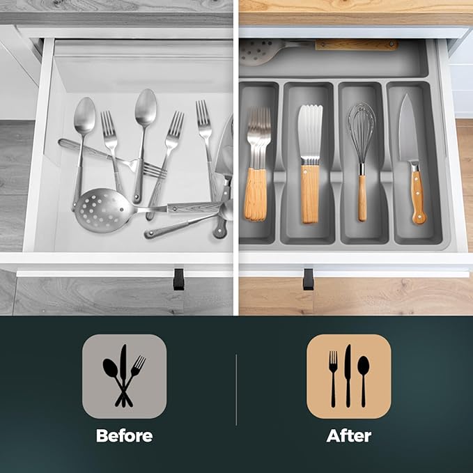 Pantrymade Silicone Silverware Drawer Organizer – Non-Slip Utensil Holder for Kitchen Drawers | Cutlery Tray for Forks, Knives, Spoons & More | Durable, BPA-Free, Easy to Clean – Gray