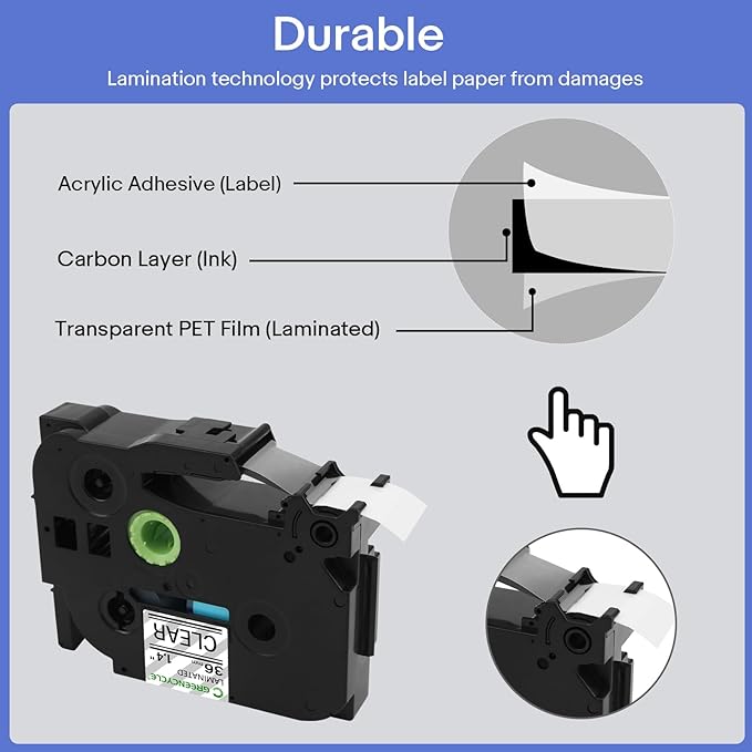 GREENCYCLE TZe-161 36mm 1.4 Laminated Clear Tape Compatible for Brother P-Touch Label Maker Tape TZe161 TZ-161 Black on Clear TZe TZ Label for Ptouch PT-910BT P900W P950W 530 550, 10 Pack