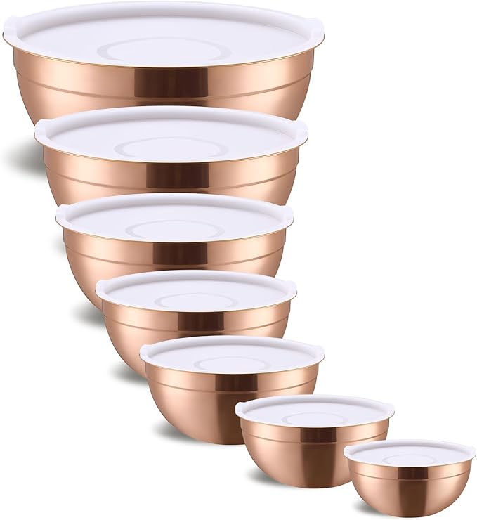 Onlycooker Rose Gold Mixing Bowls With Airtight Lids,Stainless Steel Bowl,Salad Bowls 7 Piece Colorful Nesting Bowl Rose Gold Kitchen Accessories,Size 7,3.6,2.7,2.1,1.5,1.1,0.8QT Stackable Design