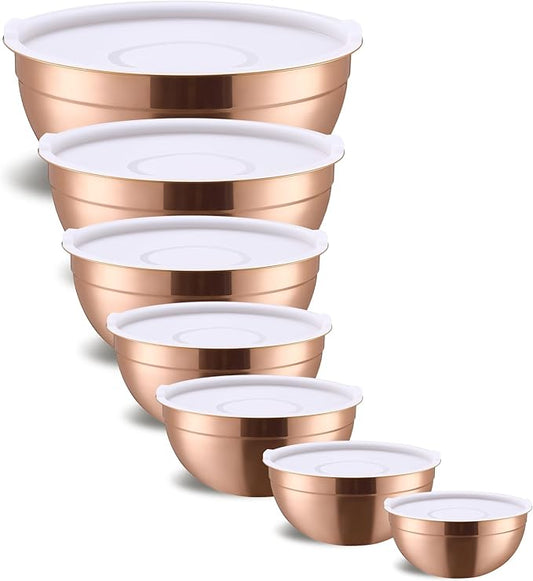 Onlycooker Rose Gold Mixing Bowls With Airtight Lids,Stainless Steel Bowl,Salad Bowls 7 Piece Colorful Nesting Bowl Rose Gold Kitchen Accessories,Size 7,3.6,2.7,2.1,1.5,1.1,0.8QT Stackable Design