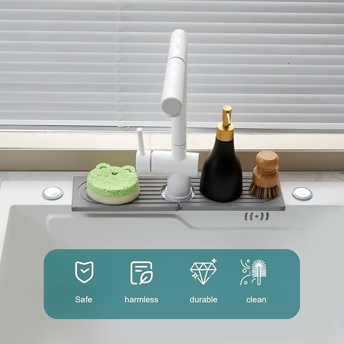 Stone Faucet Mat for Kitchen Sink, kitchen sink splash guard for Bathroom Counter,15.7 Inch Light Grey Diatomite water-Absorbing Drying Stone Mat, Sink faucet Stone Tray Protector