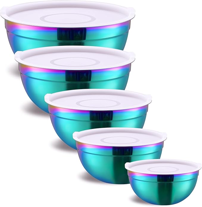 Onlycooker Rainbow Mixing Bowls With Airtight Lids,Stainless Steel Bowl,Salad Bowls 5 Piece Colorful Nesting Bowl Rainbow Kitchen Accessories,Size 5.5,3.6,2.7,2.1,1.5,QT Stackable Design