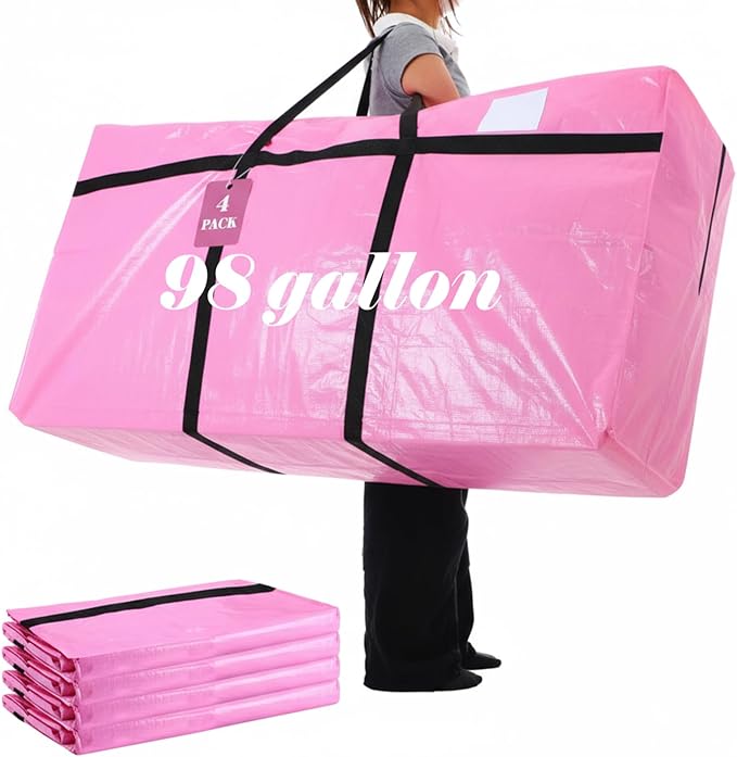 Windyun 4 Pack 98 Gallon Extra Large Moving Bags XXL Heavy Duty Storage Bag with Strong Zipper Handle Jumbo Big Tote Box Foldable for College Dorm Travel Clothes Duffle Blanket Pillow(Pink)