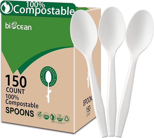 BIOCEAN 100% Compostable No Plastic Knives Plastic Forks Plastic Spoons Plastic Utensils, The Heavyweight Heavy Duty Flatware is Eco Friendly Products for Lounge Party Wedding BBQ Picnic Camping.