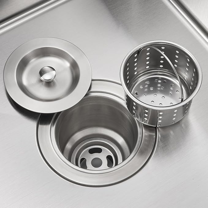 POPFLY 3-1/2 Inch Sink Drain Assembly Brushed 304 Stainless Steel Removable Deep Strainer Basket, Rust-Proof & Easy Install with Sealing Lid＆Tailpiece, for Home/Bathroom/Commercial Sinks