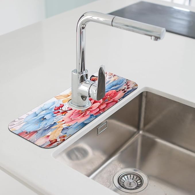 Pastel Flower Fusion Kitchen Faucet Mat Splash Guard, 15.4”x5.7” Absorbent Quick Drying Sink Mat for Countertop Protection, Draining Mat Sink Protectors For Kitchen Bathroom, 1 Pack