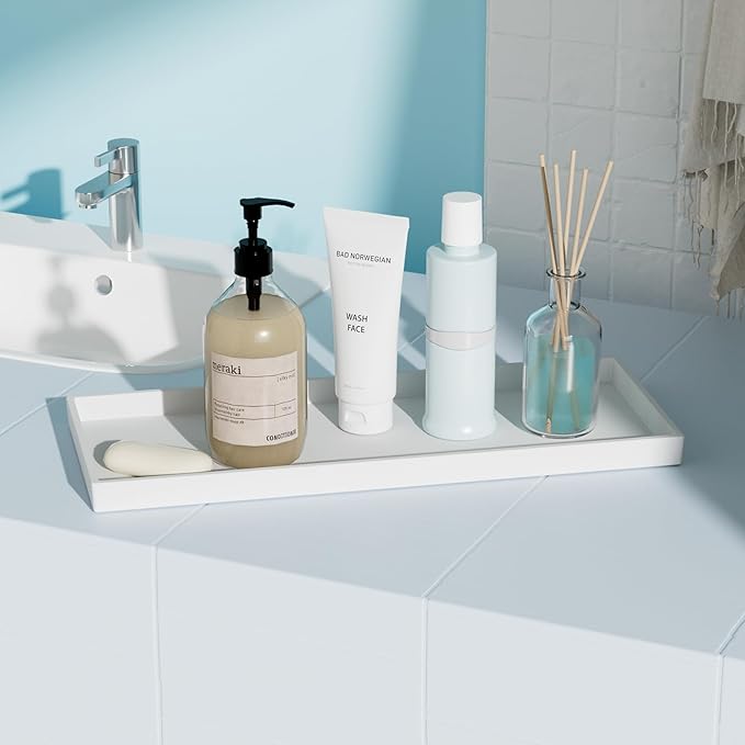 Mriluvy Vanity and Bathroom Tray, 15" ABS Countertop Organizer,Waterproof Vanity Tray for Toilet Tank,Perfume,Soap,Keys,Bathroom Accessories,Kitchen and Bath Trays,Non Slip Small Trays,White
