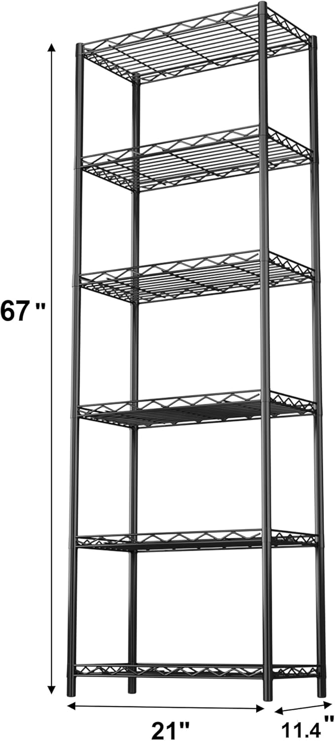 HOMEFORT 6-Tier Storage Shelves, Heavy Duty Metal Storage Rack, Wire Shelving Unit Organizer Rack for for Pantry Closet Kitchen Laundry (21”Wx11.4”Dx67”H,Black)