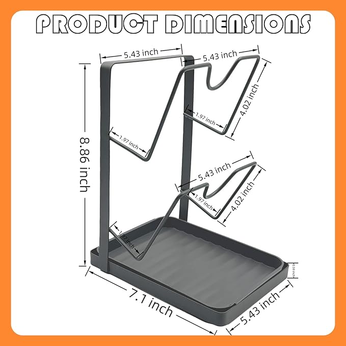 90S Multifunctional Pot Lid Organizer for Countertop -RustProof Metal Pot Cover Rack with Removable Drip Tray, Vertical Drying Stand for Cutting Boards, Spoons, and Lids, Heat Resistant, Gray