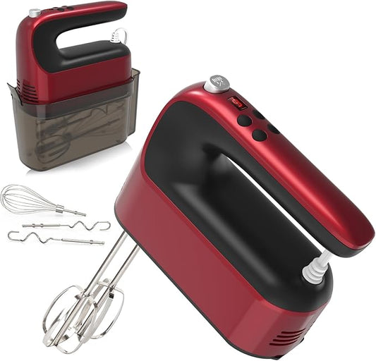 Yomelo 9-Speed Digital Hand Mixer Electric, 400W Powerful DC Motor, Hand Mixer Electric Handheld with Snap-On Storage Case, 5 Stainless Steel Accessories, Beaters, Dough Hooks, Whisk(Red)
