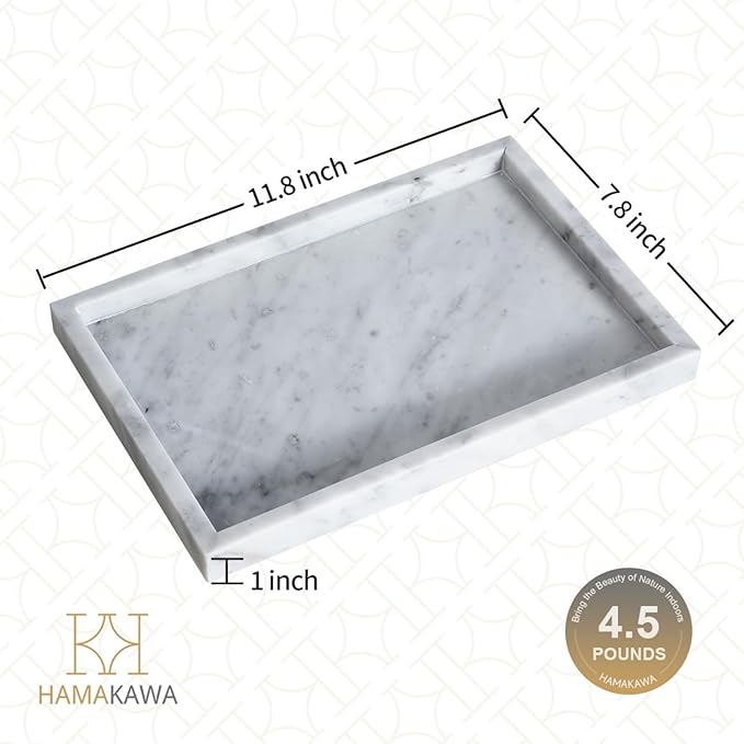 HAMAKAWA Large Bathroom Vanity Tray, Real Natural Marble Sink Tray 12 inch, Carrara White Stone Toilet Tank Trays, Modern Dresser Trays, Countertop Organizer for Kitchen Counter, Soap Dispenser