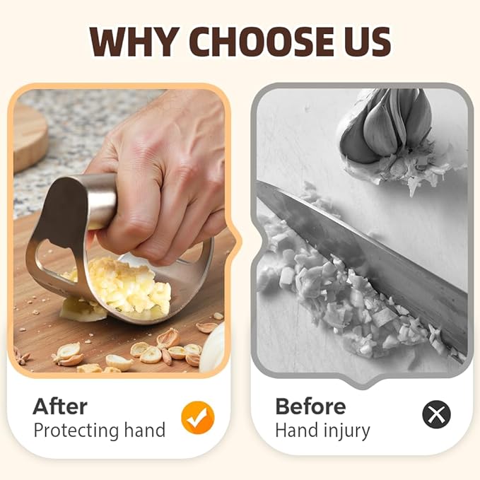 2026 New Garlic Press Rocker, Upgrade Garlic Press Stainless Steel, Portable Manual Stainless Steel Garlic Press Rocker, Innovative Garlic Crusher with Peeler and Scraper (2)