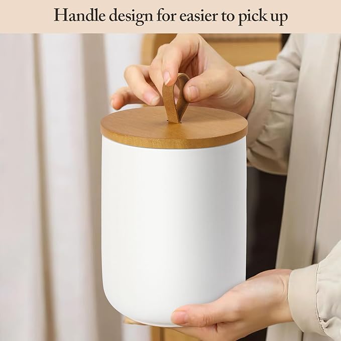 Canisters Sets for The Kitchen, Airtight Kitchen Canisters for Countertop, Kitchen Canisters Set of 3 with Top Handle, Modern Ceramic Jar with Wooden Lid for Coffee Flour Cookie Nuts (White)