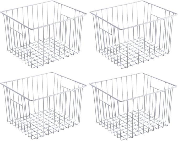 SANNO Freezer Wire Storage Organizer Basket, Refrigerator Storage Baskets Bins Organizer with Built-in Handles for Cabinets, Pantry, Closets, Bedrooms 4 Pack 11"x10"x 7" White
