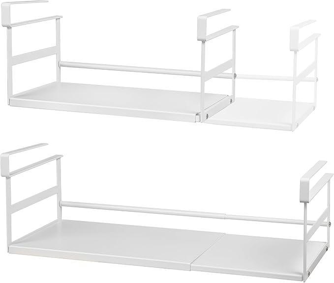 Selosiz 2Pack Under Shelf Storage Basket Organizer Expandable Width Add-On Space Saver Hanging Under Cabinet Pantry Kitchen Countertop Desktop Board Slide-In White Heavy-Duty Metal Higher & Wider Size