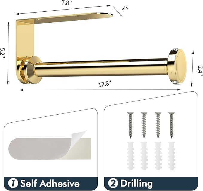 theaoo Paper Towel Holder Under Cabinet, One-Handed Tear Wall Mount Paper Towel Holder Dispenser with Damping Function for Kitchen Organization, Stainless Steel, Self-Adhesive or Drill mounting, Gold