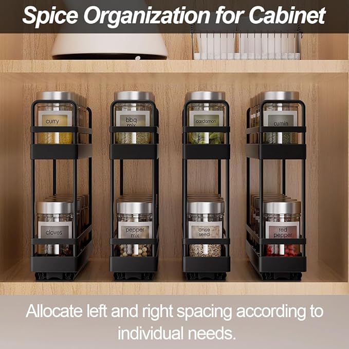 Finnhomy Pull Out Spice Racks for Inside Cabinets, Whole Metal Manufacturing, Vertical Spice Rack Pull Out, Spice Organizer, 2.16" W × 10.39" D × 9.76" H, 2 Drawers & 2 Tiers, 2 Pack, Black