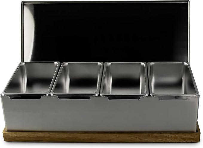 Pinnacolo 4 Slot Condiment Carrier, Stainless Steel Holders, Silicone Lids, and Gel Packs - Portable and Versatile for Outdoor BBQs and Parties