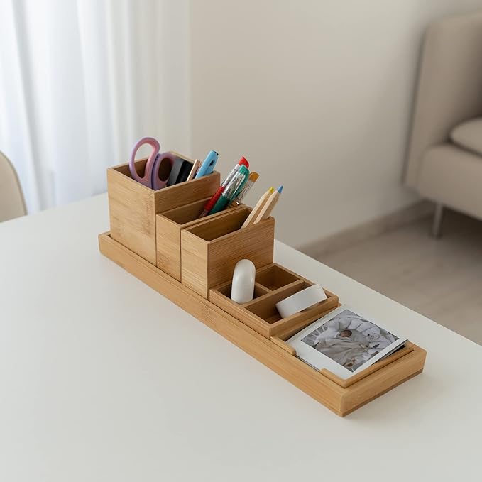 ROCDEER Bamboo Vanity Tray, 6-Piece Bathroom Countertop Vanity Tray Set, Makeup Kitchen Desk Organizer and Storage - Holds Small Items