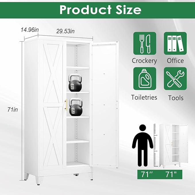 71" Tall Kitchen Pantry Cabinet, Metal Storage Cabinet with 2 Doors and 4 Adjustable Shelves, White Food Pantry Cupboard for Kitchen, Dining Room, Living Room and Bathroom (White)