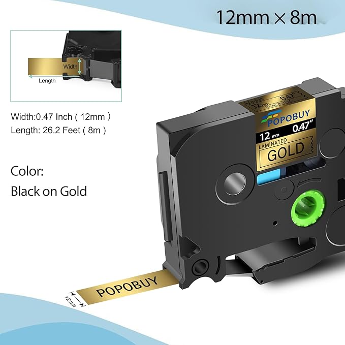 TZ TZe 12mm 0.47 Laminated Gold Tape Compatible for Ptouch TZ831 TZ-831 TZe-831 TZe831 Label Tape for PTD210 PTD400 PTD220 PTH110 Label Maker, 5 Pack Black on Gold