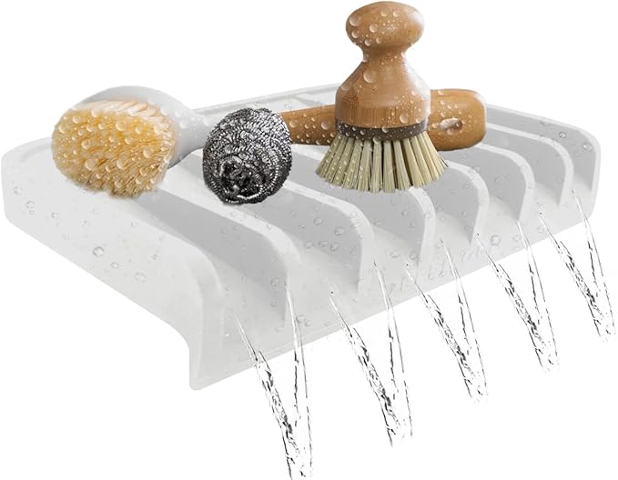 Effilogic Silicone Sponge Holder – Self-Draining Kitchen Sink Organizer, Quick Dry Mat and Counter Protector – Dishwashing Accessories for Sponges, Brushes, and Soap - Medium White