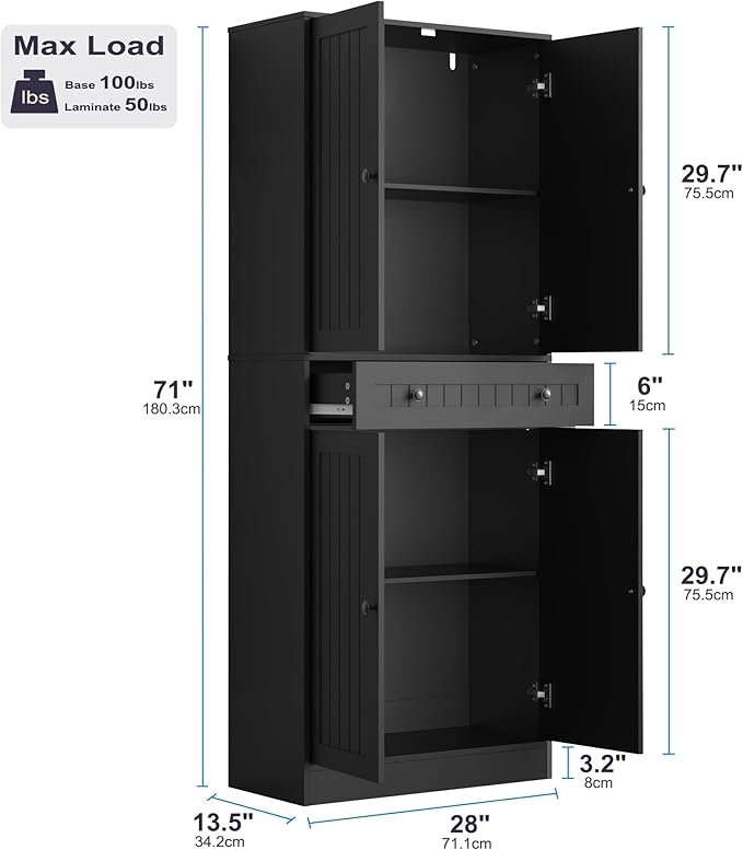 Furnify Kitchen Pantry Storage Cabinet, 71" H Farmhouse Pantry Cabinet with 4 Doors & Drawer, Freestanding Cupboard with Adjustable Shelves, Rustic Wood Cupboard for Kitchen, Dining Room, Black