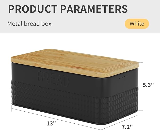 Furshus Bread Box for Kitchen Countertop,Metal Bread Storage Bin with Bamboo Cutting Board Lid, Includes Bread Knife, Fits Sourdough & Buns, Stylish Organize (Black)