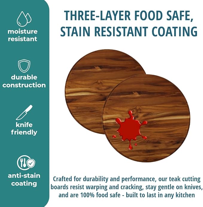 EcoDecors 12" Round Solid Teak Cutting Board, Edge Grain, FSC Certified, Large Premium Wood Carving Board for Kitchen