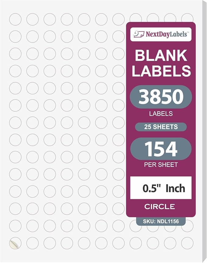 NextDayLabels 0.5 Inch Round Circle Stickers White Blank Labels for Laser Inkjet Printer - 154 Per Sheet Self-Adhesive Color Coding Made in USA - 3850 Labels