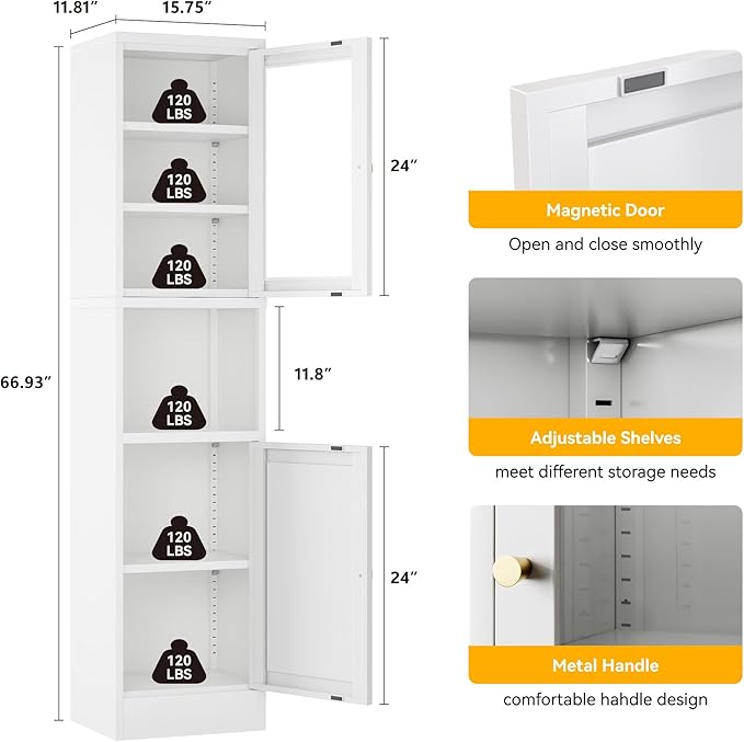 YAUWOH Metal Storage Cabinet with Glass Door, Tall Slim Pantry Organizer with 3 Adjustable Shelves (120LBS/Shelf), Anti-Tipping Waterproof Cabinet for Kitchen/Home Office/Small Spaces,(1PC,White)