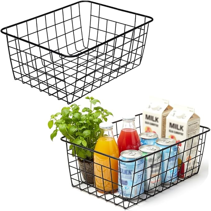 Aeggplant Kitchen Wire Baskets Farmhouse Decor Metal Food Storage Organizer, Household Refrigerator Bin with Built-in Handles for Cabinets,Pantry Set of 2 Black