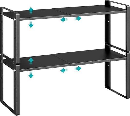 Astrorhine 2 Pack Expandable Cabinet Organizer Shelves, 88lbs High Weight Capacity, Stackable Heavy-Duty Metal Storage Rack, Adjustable Cabinet Shelf for Kitchen, Pantry, Cupboard, Under Sink, Black
