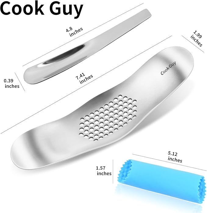 Cook Guy 304 Stainless Steel Garlic Press Rocker Set - Premium All-Steel Garlic Mincer, Crusher, Peeler, and Scraper Tool for Effortless Mincing –Dual-Handle Garlic Grinder(B0201)