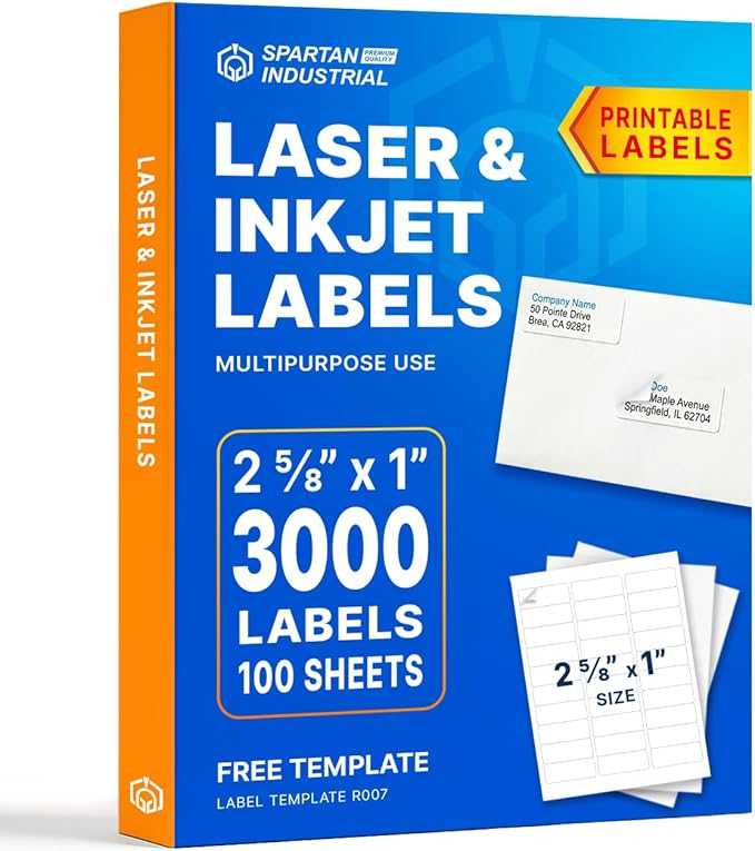 2 5/8" X 1" Matte White Printable Labels for Inkjet and Laser Printers - 100 Sheets, 3000 Total Custom Stickers for Address Labels, Mailing, Barcodes - Spartan Industrial Template R007