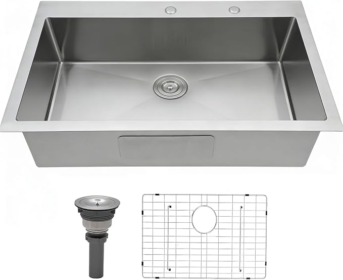 33x22 Inch Drop In Kitchen Sink, Topmount Stainless Steel Brushed Nickel Single Bowl Kitchen Sink, Extra-thick 16 Gauge For RV Laundry Utility with Dish Grid and Basket Strainer YSD013
