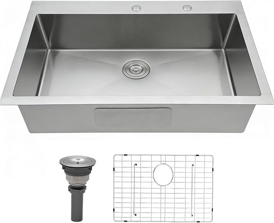 33x22 Inch Drop In Kitchen Sink, Topmount Stainless Steel Brushed Nickel Single Bowl Kitchen Sink, Extra-thick 16 Gauge For RV Laundry Utility with Dish Grid and Basket Strainer YSD013