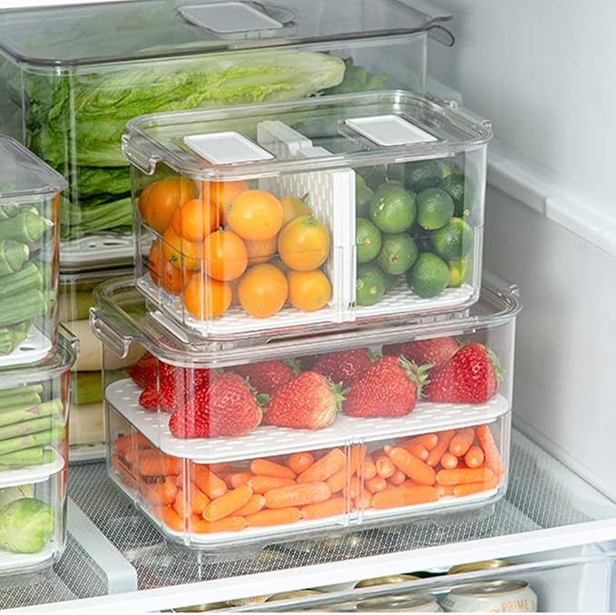 SANNO Fridge Food Storage Container Storage Containers, Produce Saver with Lids and Vents,Vegetable Fruit Storage Containers Stackable Salad Lettuce Keeper for Refrigerator，set of 2