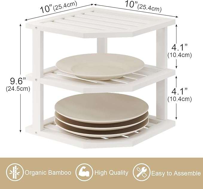 VERTORGAN 3 Tier Bamboo Corner Shelf(4 Pack),Dish Drying Rack,Plate Organizer,Kitchen Spice Rack for Countertop and Cabinet(White)