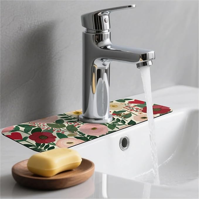 Kitchen Sink Splash Guard，Sweet flowers Faucet Mat Sink Gadgets-Super Absorbent Fast Drying Mat Drip Catcher for Kitchen, Bathroom,Sink Mat, Dish Drying Mat, Bathroom(15" X 5.5" )