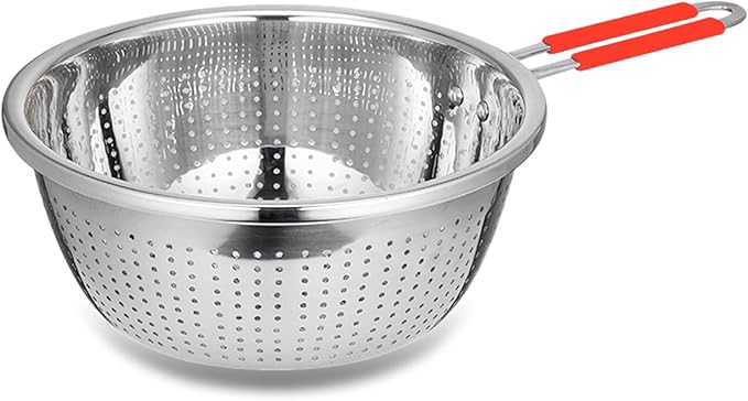 Contiup Stainless Steel Perforated Metal Colander Strainer with Long Red Handle Sieve Sifters Use for Kitchen Food Pasta Noodles Spaghetti Vegetables Silver - 10.24 inch (C072-Mer-26)
