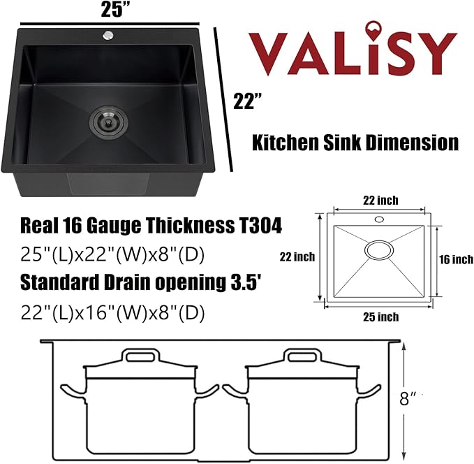 25 x 22 Inch Black Kitchen Sink, Topmount Drop In Stainless Steel Single Bowl Kitchen Sink, 16 Gauge Extra-Thick Modern Bar Prep RV Laundry Sinks with Dish Grid and Basket Strainer