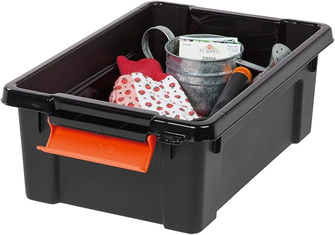IRIS USA 3 Gallon Lockable Storage Bins with Lids, 5 Pack - Made in USA, Heavy Duty, Stackable Containers, Garage Organizing Bins Moving Tubs, Rugged Sturdy Equipment Utility Box - Black/Orange